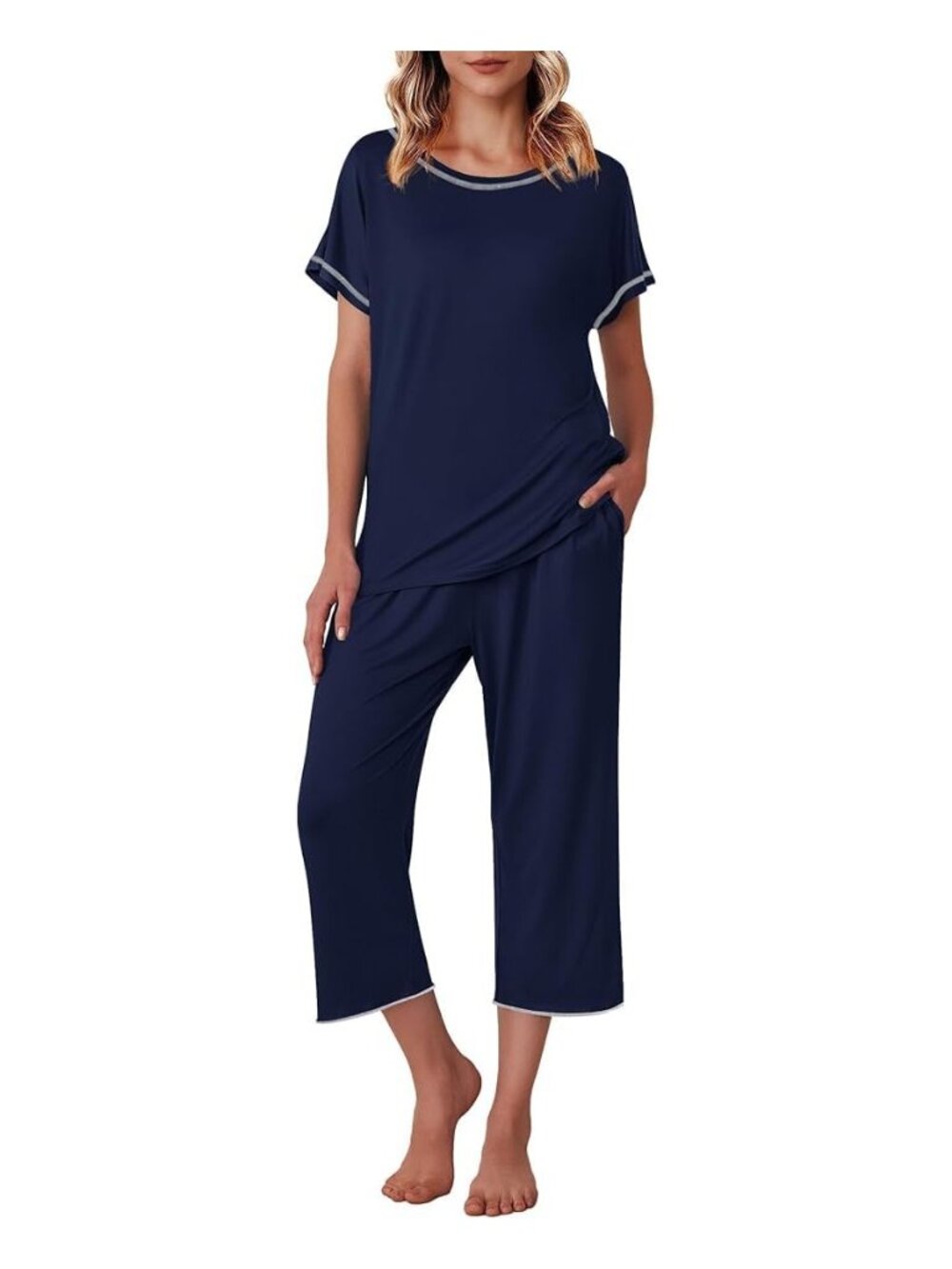 Womens Capri Pajama Sets Print Short Sleeve Sleepwear Top and Pants